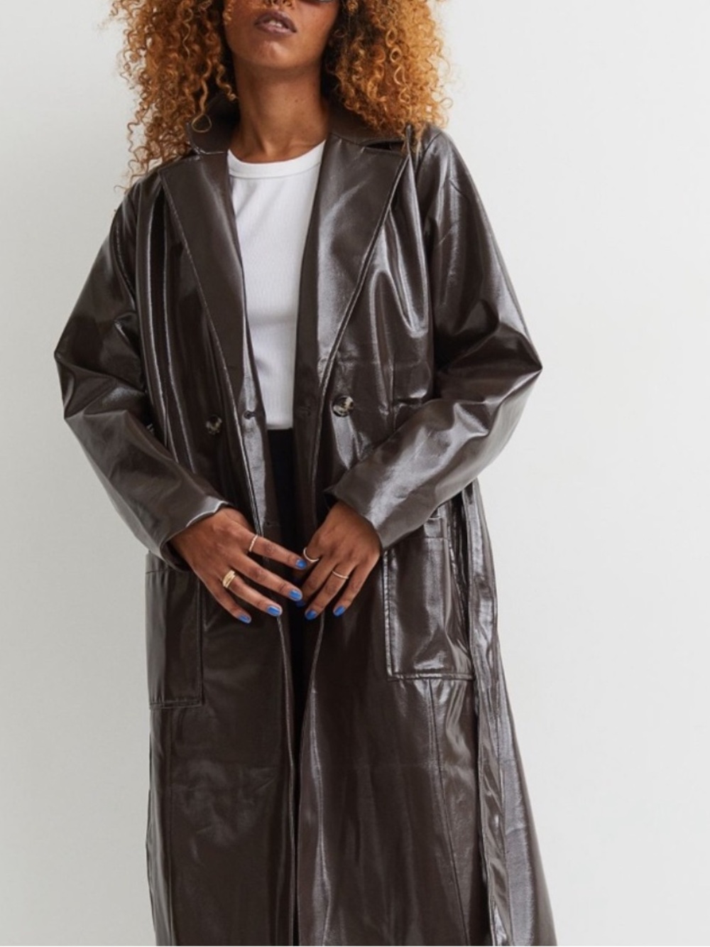 NWT H&M Patent Long Dark Brown Faux Leather Trench Coat